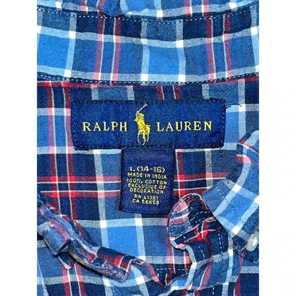 Ralph Lauren Button Down Shirt Boys L 14-16 Blue Red Plaid Short Sleeve Pony